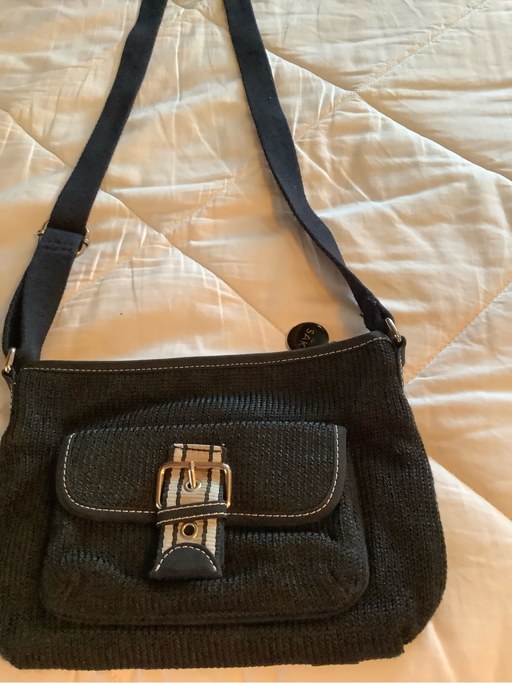 Black Woven Crossbody Bag with Front Buckle Pocket
